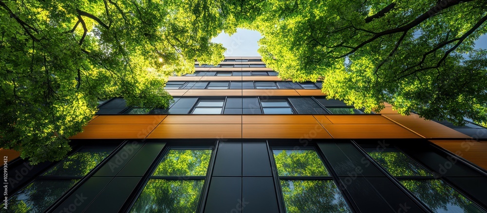 Poster Modern building with large windows and green trees reflected in them.
