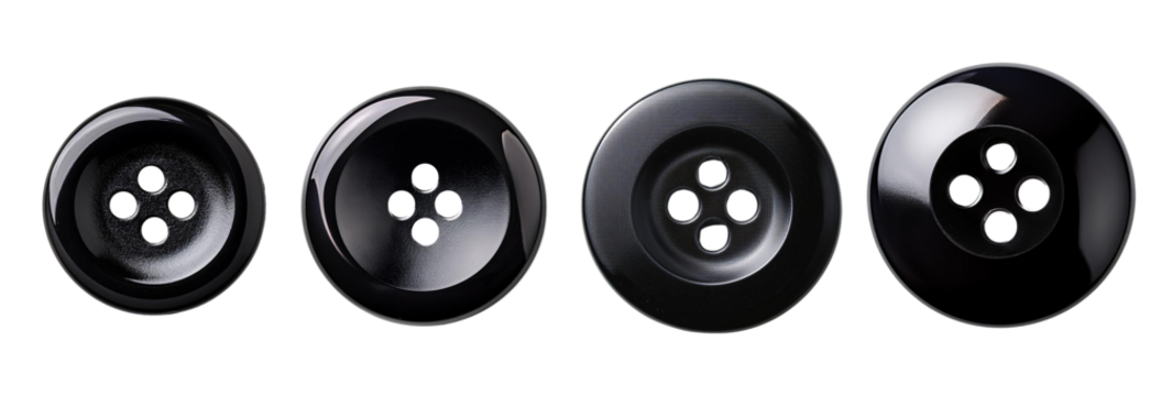 Four black buttons of various sizes on a white isolated background, showcasing different designs and textures.