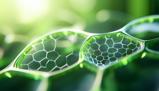 Close-up of green plant cells with hexagonal structures and light reflections.