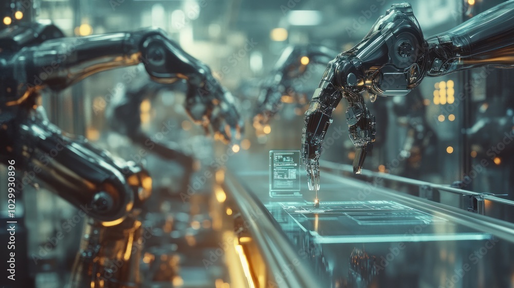 Poster several robotic arms are working on an assembly line in a futuristic factory.
