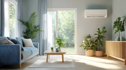 Stylish and contemporary minimalist living room with large windows air conditioner mounted on the wall and a cool blue and white color scheme creating a sleek and modern aesthetic