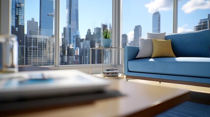 Minimalist Blue and White Living Room with Floor to Ceiling Windows and a State of the Art Air Conditioner Emphasizing Comfort and Modern Simplicity