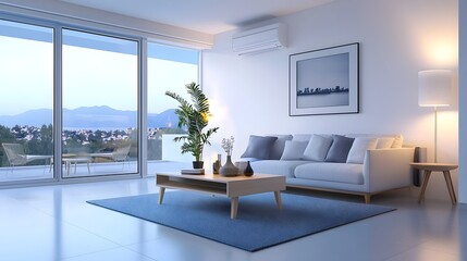 Fototapeta premium Minimalist and modern living room interior with large windows sleek air conditioning unit mounted on the wall and a triadic color scheme of soft blue and white tones