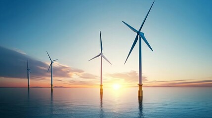 Obraz premium Wind turbines standing in water during sunset with a beautiful sky.