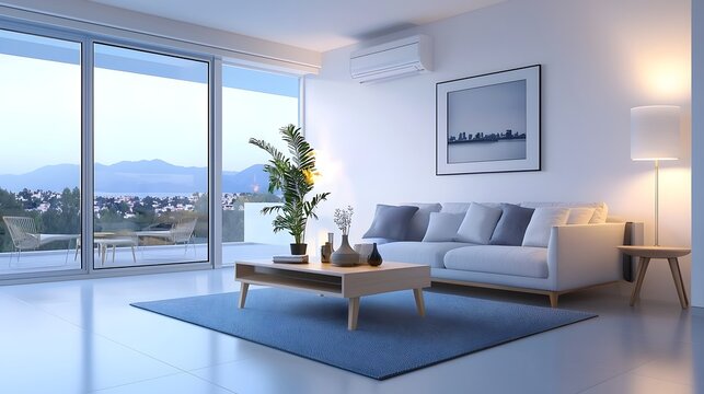 Minimalist and modern living room interior with large windows sleek air conditioning unit mounted on the wall and a triadic color scheme of soft blue and white tones