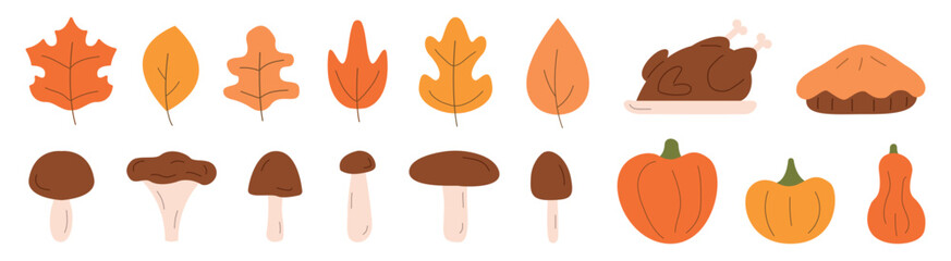 Thanksgiving set. Leaves, pumpkins, mushrooms, pie and roast turkey.