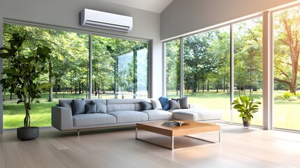 Naklejka premium Sleek and modern living room with minimalist furniture large floor to ceiling windows and a state of the art air conditioner The space is filled with soft natural light in cool blue and white tones