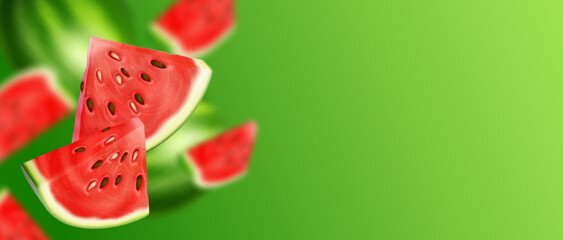 Watermelon triangle slice with seeds flying and falling on green background with space for text. Realistic 3d vector banner with ripe red berry cut piece for juice and summer cocktail design.