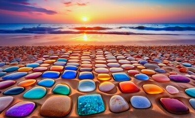 Fototapeta premium Vibrant beach stones at sunset, serene mood, arranged pebbles, stunning ocean view background