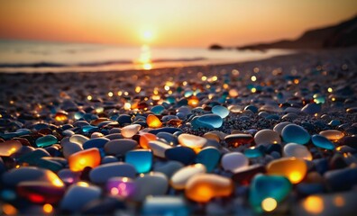 Obraz premium Colorful pebbles on the beach at sunset creating a magical atmosphere with soft waves