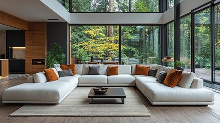 A modern living room includes a sectional sofa and a large window, offering both comfort and light.