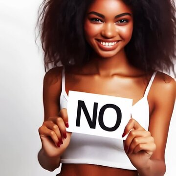 a black woman with curly hair shows the word no written on her hand