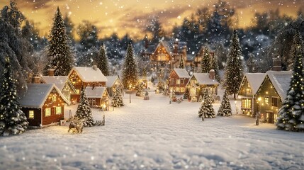 A Cozy Winter Village with Snow-Covered Houses and Illuminated Trees