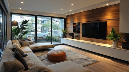 A modern living room interior design highlights contemporary aesthetics and functional furniture.