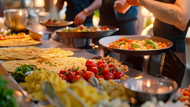 A close-up view of an outdoor food station with freshly made crepes and omelettes, Interactive food stations like a crepe or omelette bar