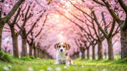 Springtime scene of a playful puppy among cherry blossoms