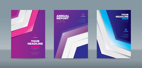 Modern design white arrow shape on blue, purple background. A4 size book cover template for annual report, magazine, booklet, proposal, portfolio, brochure, poster