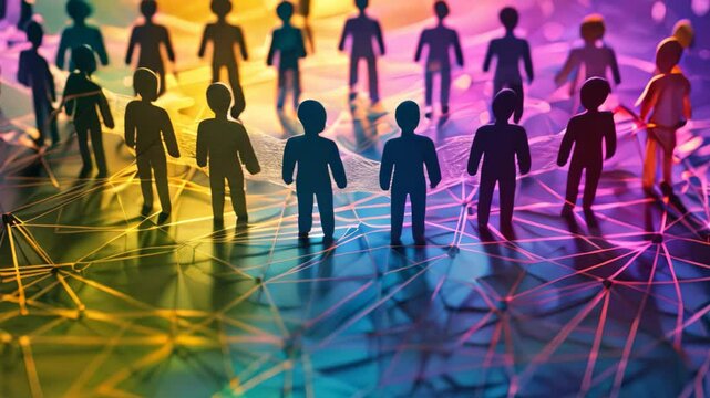 Silhouettes of people stand connected by a network, illustrating the concept of interdependence, Interconnectedness and interdependence within a group