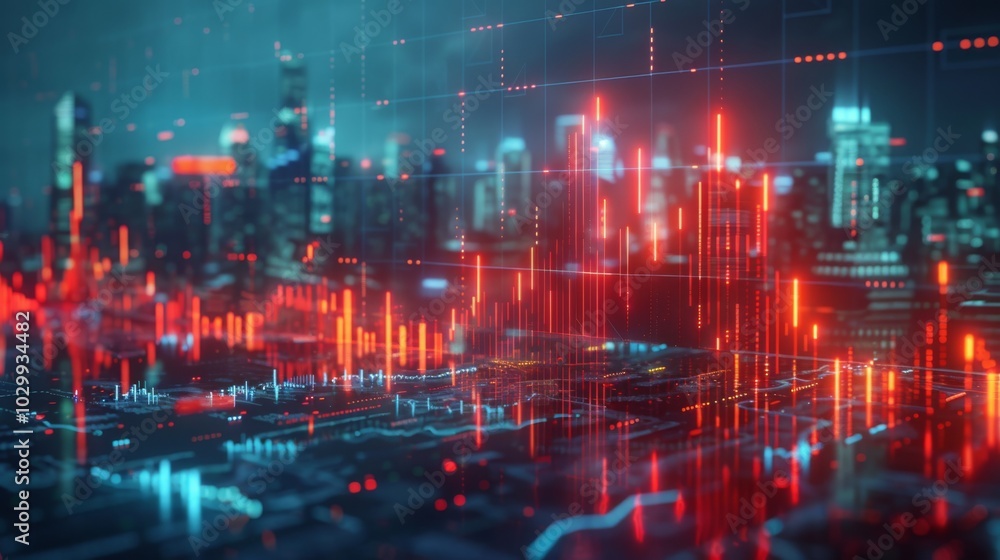 Poster digital financial chart overlay on a cityscape background with red and blue data points. futuristic 