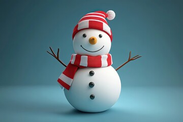 Fototapeta premium A Cheerful Snowman with a Red and White Striped Hat and Scarf
