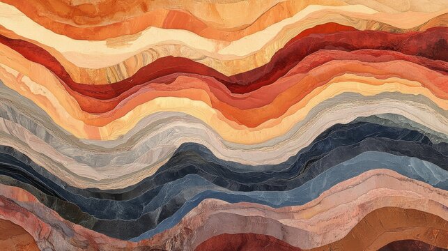 2410_048.detailed view of soil horizons, curved sedimentary layers, warm terracotta and cool slate hues, varied soil textures from smooth to grainy, natural abstract patterns, earth crust