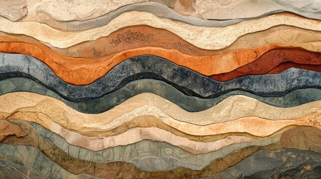 2410_048.detailed view of soil horizons, curved sedimentary layers, warm terracotta and cool slate hues, varied soil textures from smooth to grainy, natural abstract patterns, earth crust