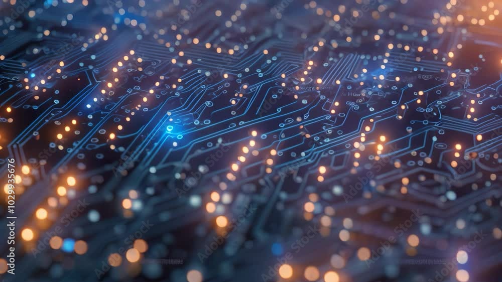 Poster a detailed video of a circuit board with intricate patterns and glowing lights, intricate circuit bo
