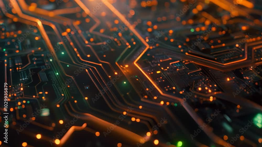 Poster a close-up view of a circuit board featuring intricate patterns with orange-colored traces resemblin