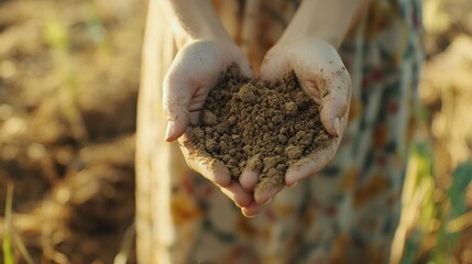 2410_002.closeup of feminine palm holding loose dirt, natural light, shallow depth of field, farm field setting, environmental conservation theme, soft warm color palette