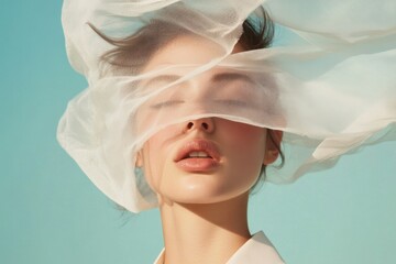 Beautiful young woman posing with eyes closed and white veil covering face