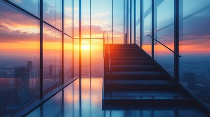 A modern staircase with black railings and wooden steps.