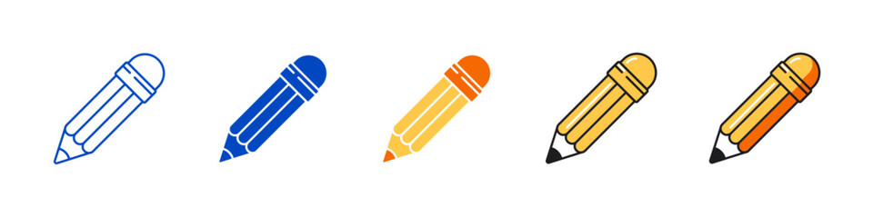 Set of pencil vector icons with outline, flat and color styles for writing, education and productivity symbols.
