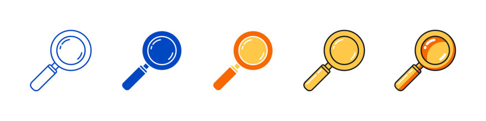 Set of magnifying glass vector icons with outline, flat and color styles for search, education and productivity symbols.
