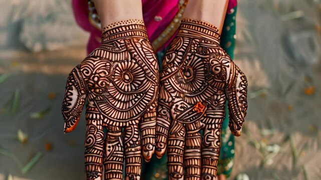 Close-up shot of intricately designed mehendi on hands and feet during a traditional Indian ceremony, Intricate designs of mehendi on hands and feet