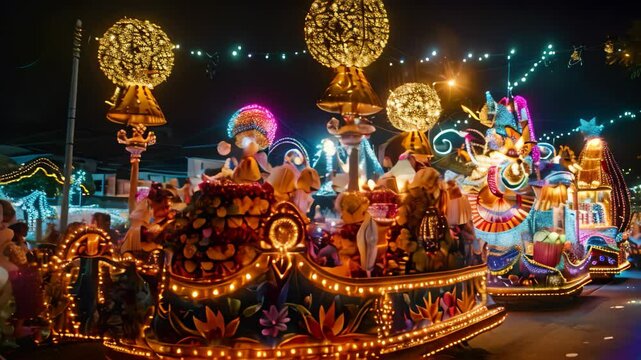 Lit floats with intricate designs and glittering decorations at a nighttime parade in the Philippines, Intricate floats adorned with glittering decorations and lights