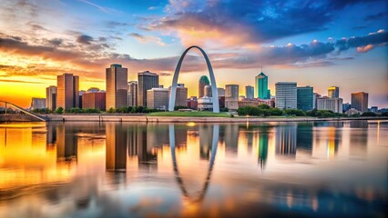 St Louis Missouri skyline across Mississippi River with blurred Depth of Field