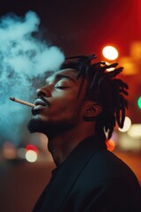 Fototapeta premium Young man smoking cigarette at night with closed eyes