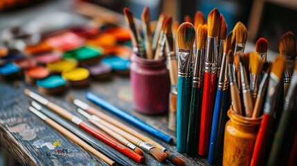 Fototapeta premium An artistic collection of vibrant tools meticulously displayed on a rustic workspace, embodying the spirit of creativity.