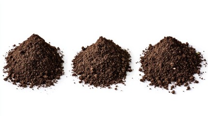 2410_006.three piles of rich brown soil, varying sizes, isolated on white background, high-contrast photography, detailed soil texture, organic matter visible