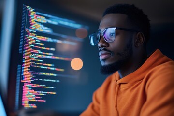 Focused african american programmer working on code on computer screen at night