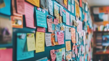 A blue corkboard covered in colorful sticky notes with handwritten messages.