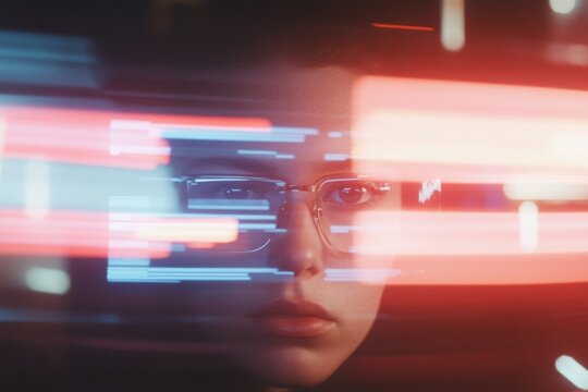 Woman programmer working late looking at computer screen with code reflecting in glasses