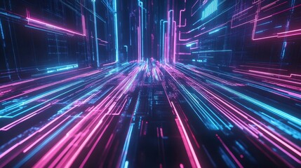 Fototapeta premium Sky-high view of interconnected digital pathways, neon lights illuminating the global network, showcasing the flow of data in a futuristic setting