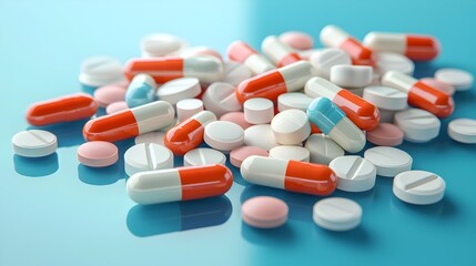 Assorted pharmaceutical pills and capsules scattered across a reflective glass surface creating an abstract medical and healthcare themed digital