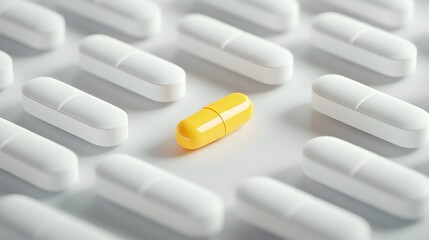 Closeup of a single vibrant yellow pharmaceutical pill or capsule among a group of plain white medical tablets or capsules creating a visually striking contrast in a minimalist 3D digital