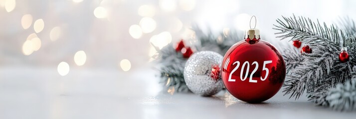 The numbers for 2025 are reflected on the table against the background of lights and pine branches, symbolizing the new year and anticipating the future.