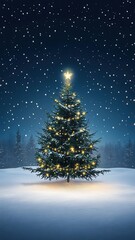 Obraz premium Christmas tree in snow at night with Christmas winter background,Realistic 3d design Xmas card decoration,gift box,fir branches, pine cones,Merry Christmas,Happy new year banner,Vector illustration.