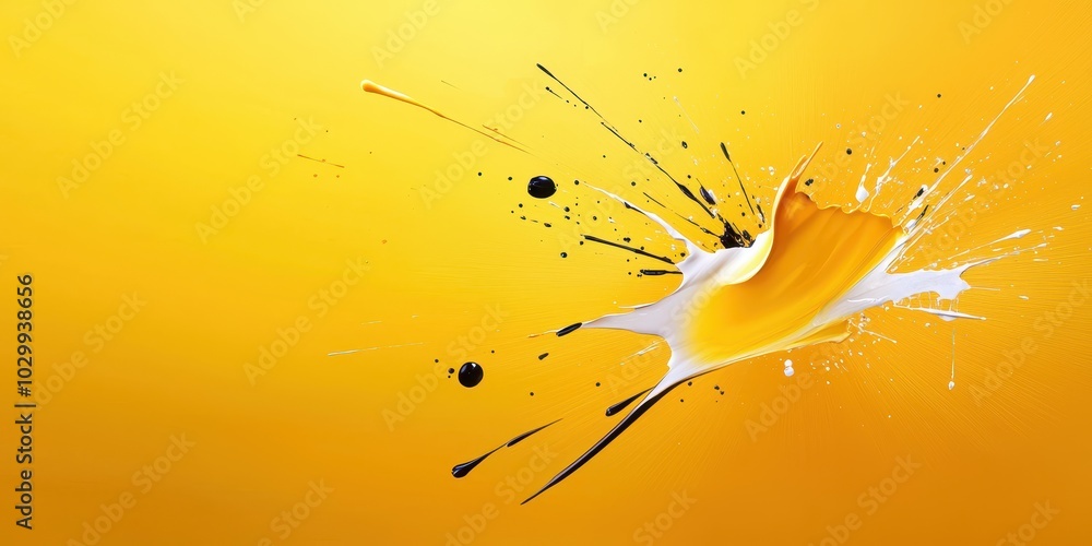 Poster a bright yellow abstract background with splashes of paint and dynamic brush strokes.