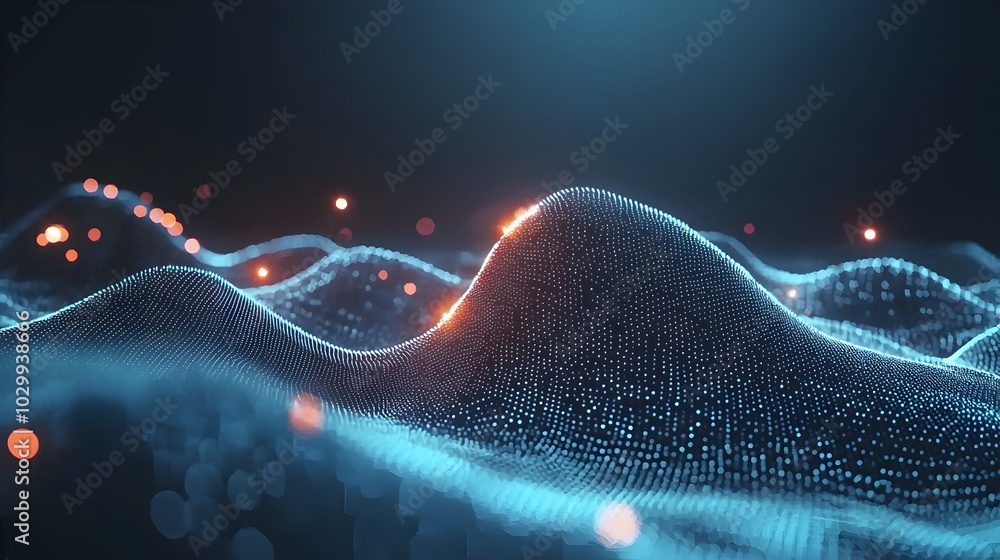Poster mesmerizing wavy glowing mesh lines with captivating glitch effects simulating dynamic digital movem
