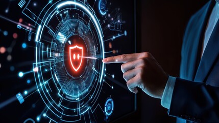 A business executive presenting cybersecurity risk assessments to the team using a digital display.